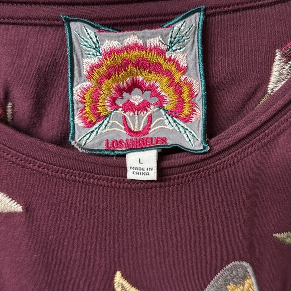 Johnny Was Burgundy Short Sleeve Tee with Floral and Butterfly Design - Picture 3 of 6